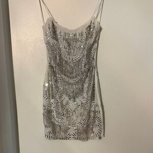 AKIRA White and Silver Tassel Mini Dress